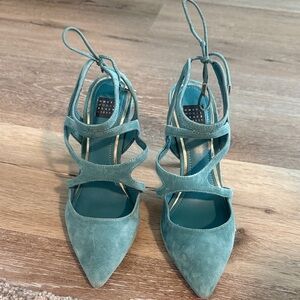 White House Black Market Teal Suede Pointed Lace-Up Strappy Heels